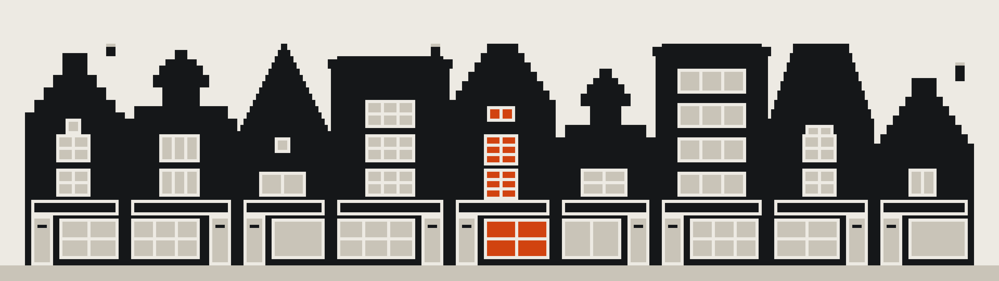Een rij van negen Hollandse winkelpanden van vierkante blokken. Acht ervan zijn donker, bij het middelste pand branden de ramen oranje.